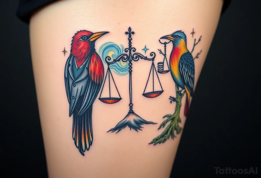 one of the birds red wearing a suit, other bird navy blue with glasses or holding a book, scales of justice built into a tree, starry night painting and mountain background tattoo idea