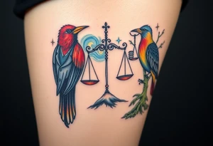 one of the birds red wearing a suit, other bird navy blue with glasses or holding a book, scales of justice built into a tree, starry night painting and mountain background tattoo idea