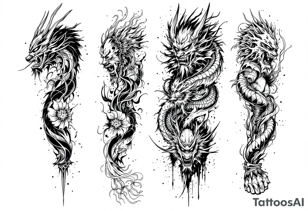 Japanese style with an oni mask, dragon and samurai warrior tattoo idea