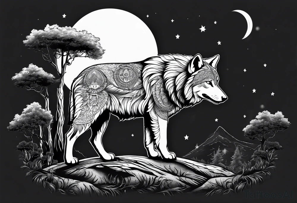 Lupo nella foresta con luna piena tattoo idea