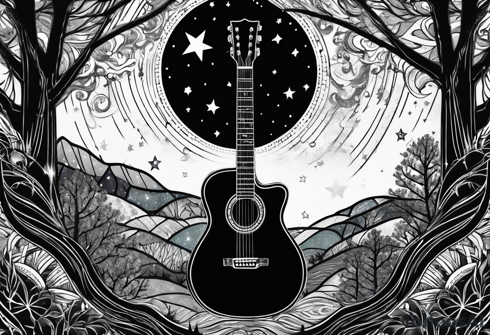 acoustic black guitar made out of trees and a night sky with a bright star tattoo idea