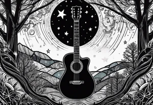 acoustic black guitar made out of trees and a night sky with a bright star tattoo idea