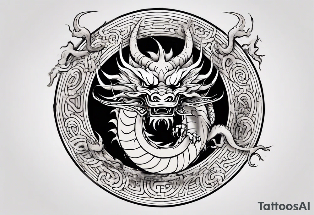 Chinese dragon in a circular shape with "02.03" written on its skin tattoo idea