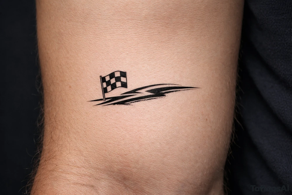 blackwork motorsport tattoo featuring a small checkered racing flag combined with a flowing racing line, dynamic but elegant tattoo idea