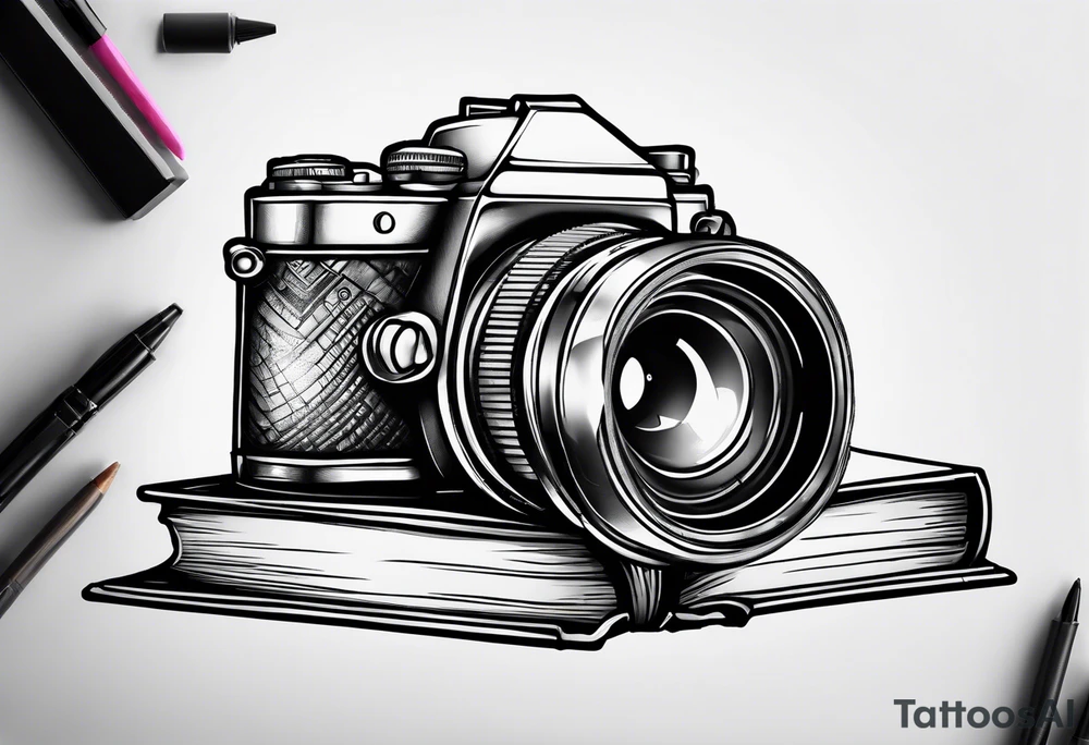 Camera on a stack of books tattoo idea