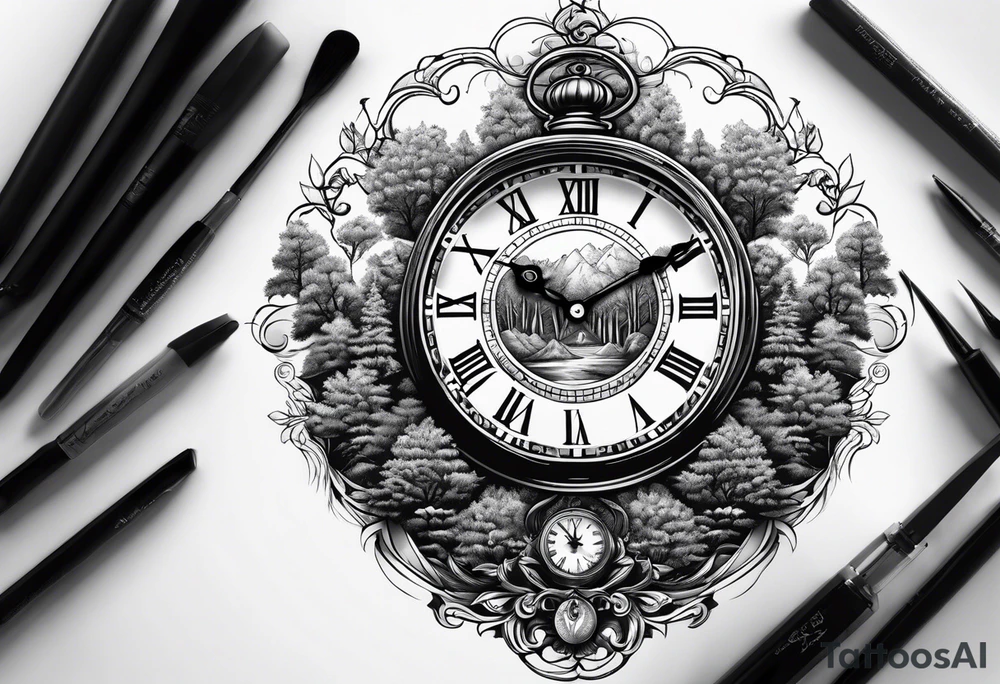Clock centerpiece surrounded by trees tattoo idea