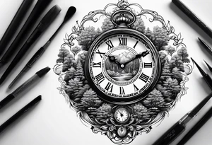 Clock centerpiece surrounded by trees tattoo idea