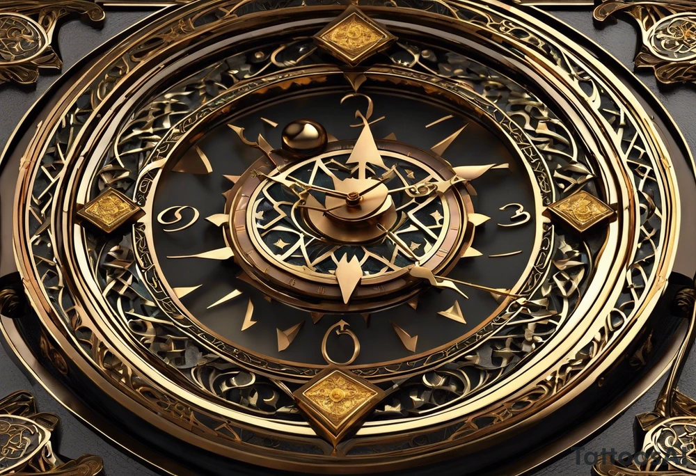 "I want a design featuring a detailed hourglass with a hand clock in the center, where the numbers on the clock are Amazigh numerals. The hourglass and clock should be intertwined with thorny roses, their vines wrapping around the glass. Additionally, planets and stars should orbit around the hourglass, blending both natural and cosmic elements. The roses' thorns should appear sharp and intricate, while the planets give a sense of movement and wonder. The design should be symbolic, representing the flow of time, the universe, and nature, all in harmony." tattoo idea