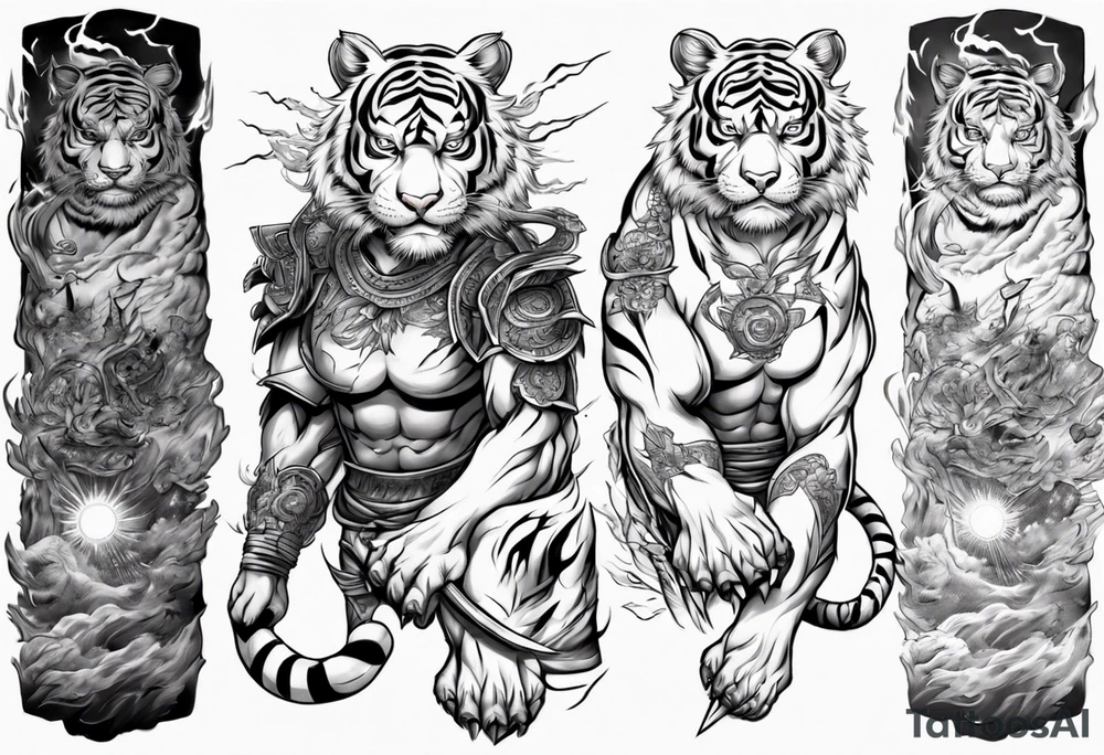 tiger warrior with lightning and the sun for a forearm sleeve tattoo idea
