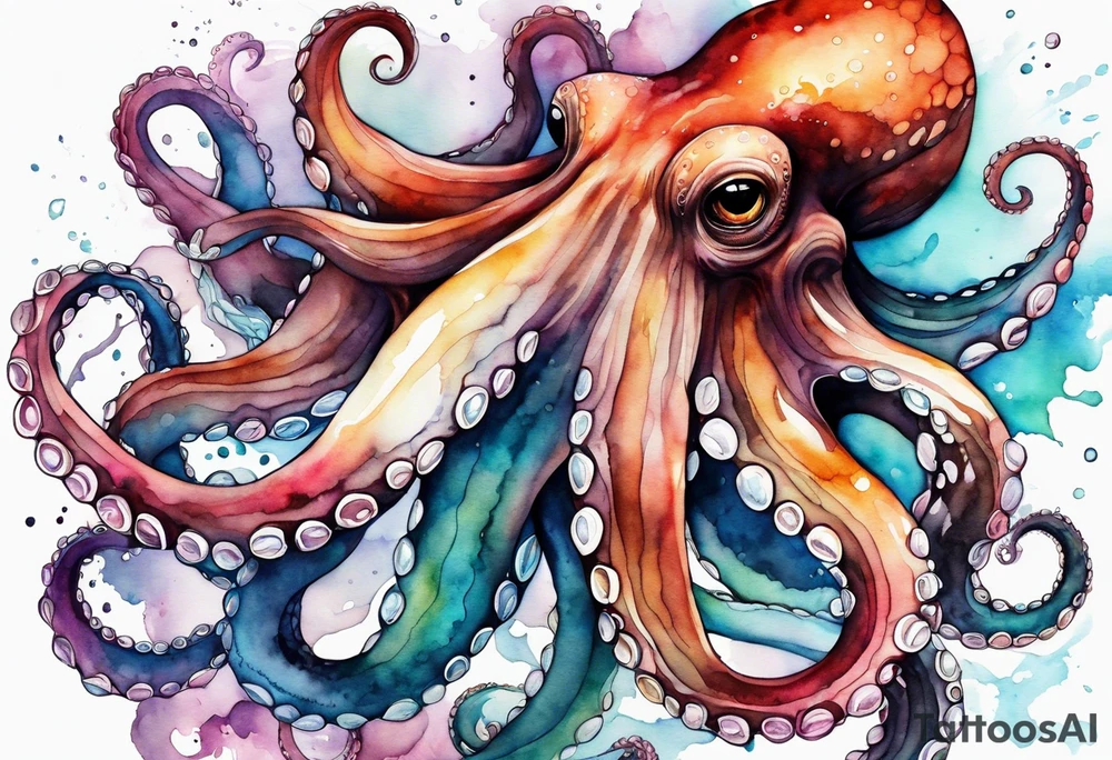 Using the watercolor technique to create a soft, flowing depiction of an octopus, with vibrant colors that bleed outside the lines to represent the fluidity of water. tattoo idea