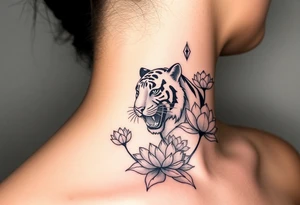 fierce tiger emerging through blooming lotus flowers in mist tattoo idea