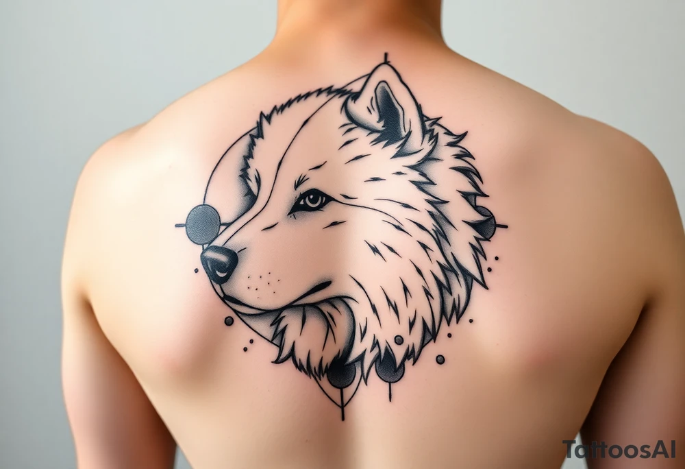 I would like a tattoo in a geometric-realistic style. I want it to depict my dog, a Samoyed (photo attached), combining his face with a design that includes lines, circles, and emotional or symbolic details—like a landscape or a memory connected to him."

If you’d like to customize it more with references to snow, mountains, or other memories, I can tweak it for you! tattoo idea