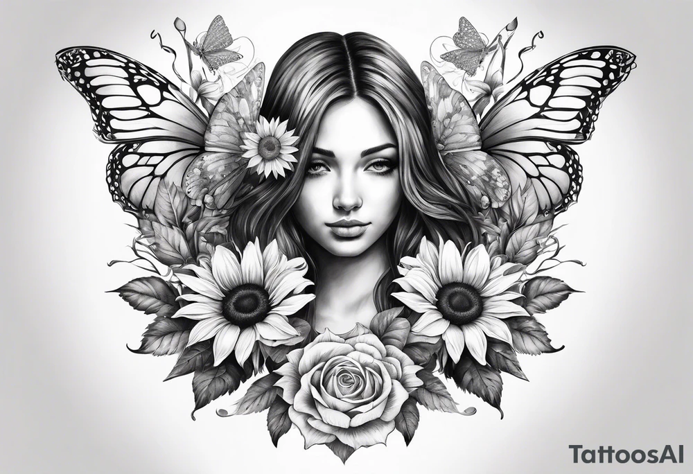 Sleeve with angel wings, sunflower and butterfly tattoo idea
