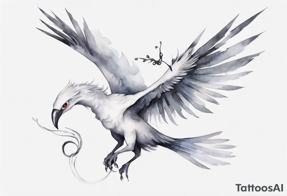 a white bird-serpent hybrid, wearing a small grey crown on its head, flying in the air tattoo idea