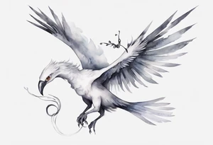 a white bird-serpent hybrid, wearing a small grey crown on its head, flying in the air tattoo idea
