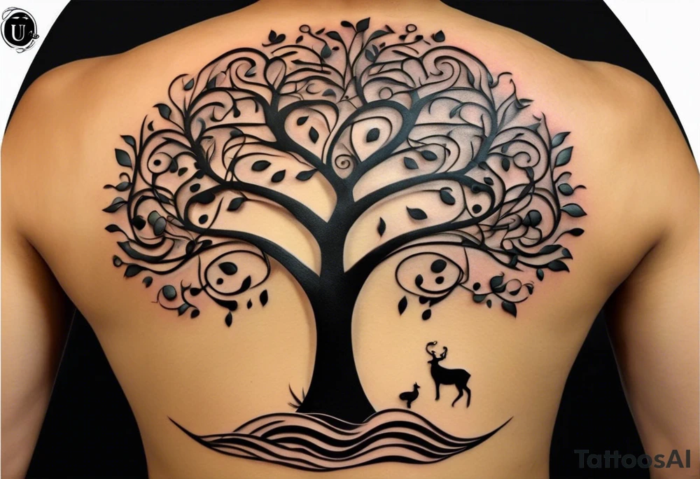 A tattoo design that incorporates the following elements: an abstract tree of life that has roots emerging  from the ground. Waves of water wrap around the tree in a non symmetrical design.  Incorporate musical notes into the tree. the letters U and A are overlapping and engraved into the tree. A golf flag incorporated but not prominent tattoo idea
