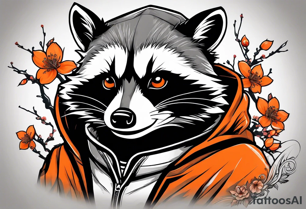 Raccoon wearing a white Superman logo on a black hoodie and orange Japanese cherry blossoms beside tattoo idea