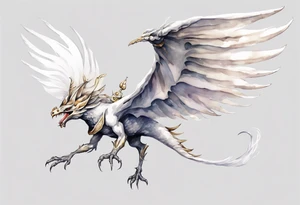 a white bird-wyrm hybrid, wearing a pewter crown on its head, flying in the air tattoo idea