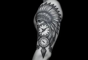 headdress a compass and a clock and arrowhead tattoo idea