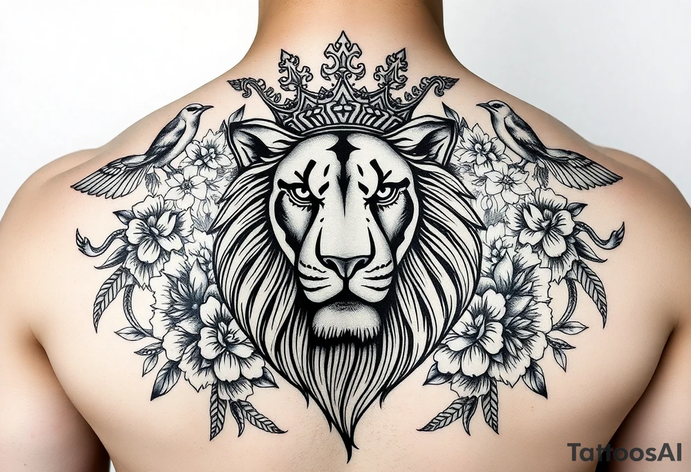 powerful majestic lion with a crown, surrounded by floral ornaments and birds tattoo idea