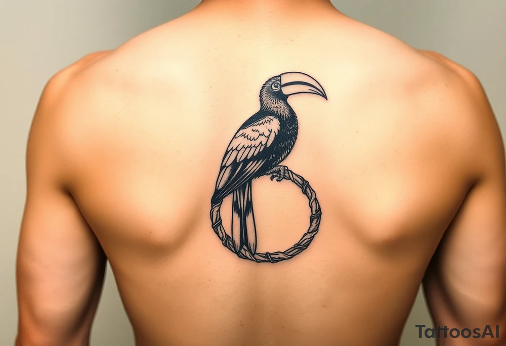 image of a Kalimantan ivory hornbill perched on a rattan woven circle tattoo idea