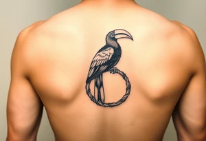 image of a Kalimantan ivory hornbill perched on a rattan woven circle tattoo idea