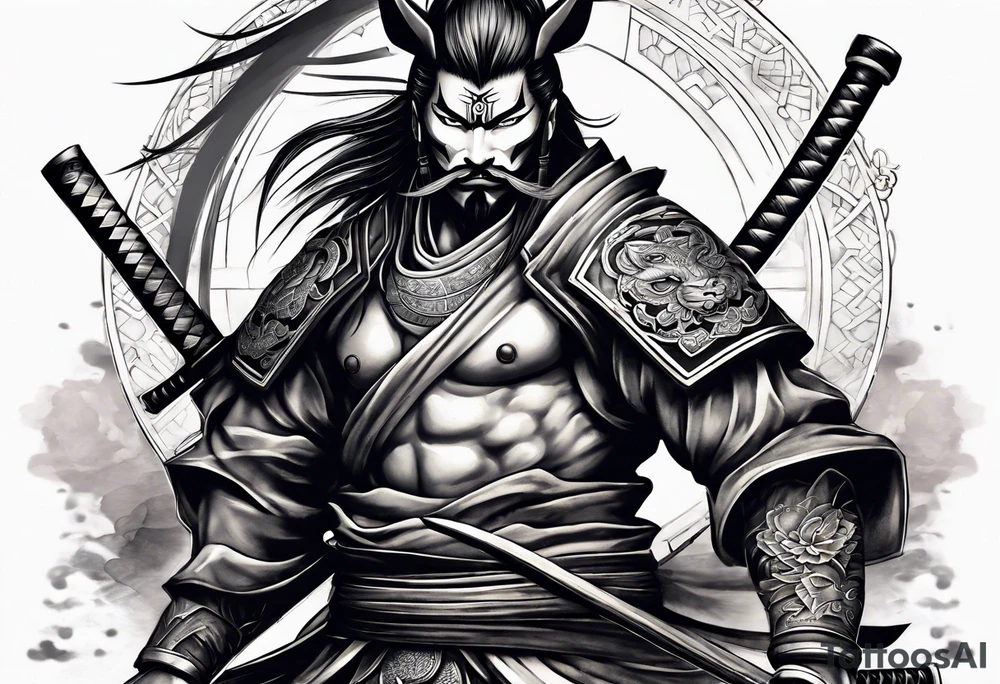 Samurai with fox mask full sleeve tattoo idea
