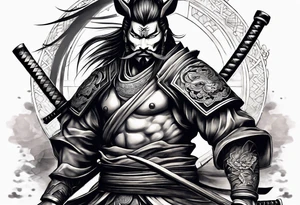 Samurai with fox mask full sleeve tattoo idea