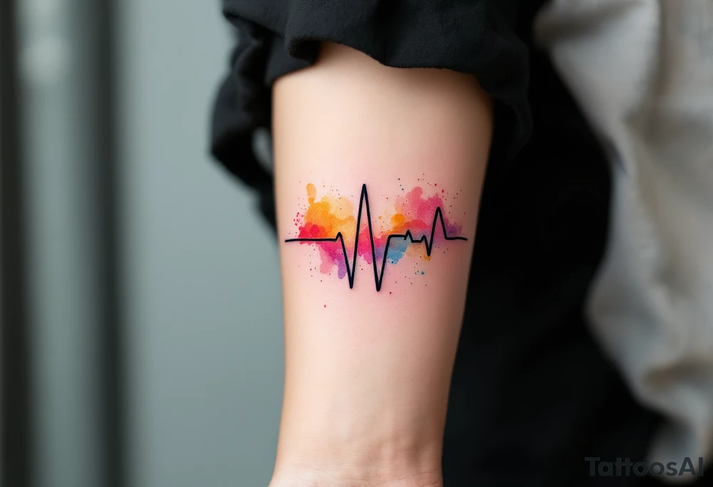 A multi-colored EKG tattoo in shades of red, orange, and blue, representing the vibrancy of life. tattoo idea