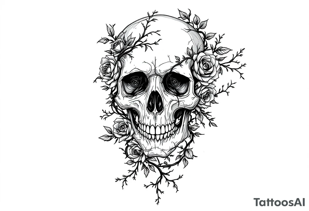 gothic skull intertwined with climbing roses and thorny vines tattoo idea