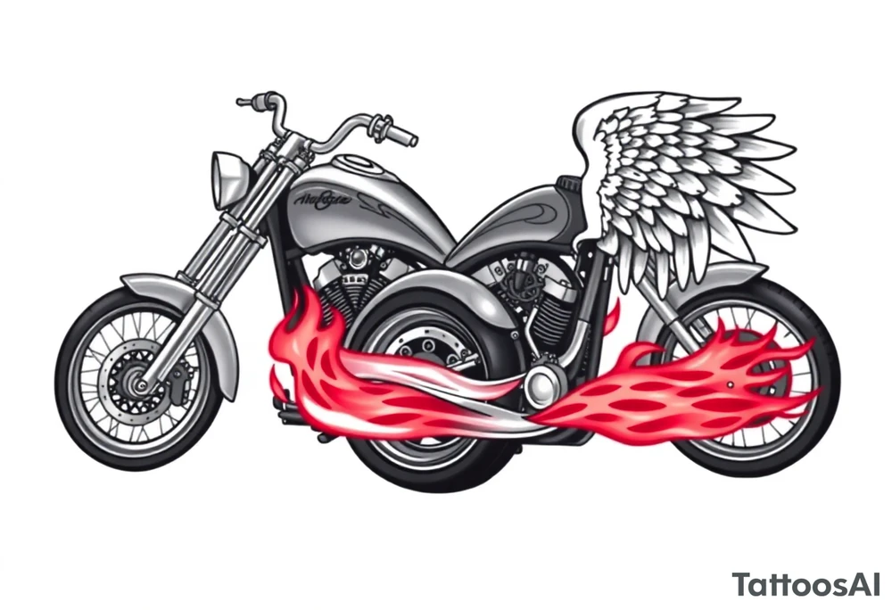 Low rider grey motorcycle, big muffler pipes with flames, angel wings, driving away, no person tattoo idea
