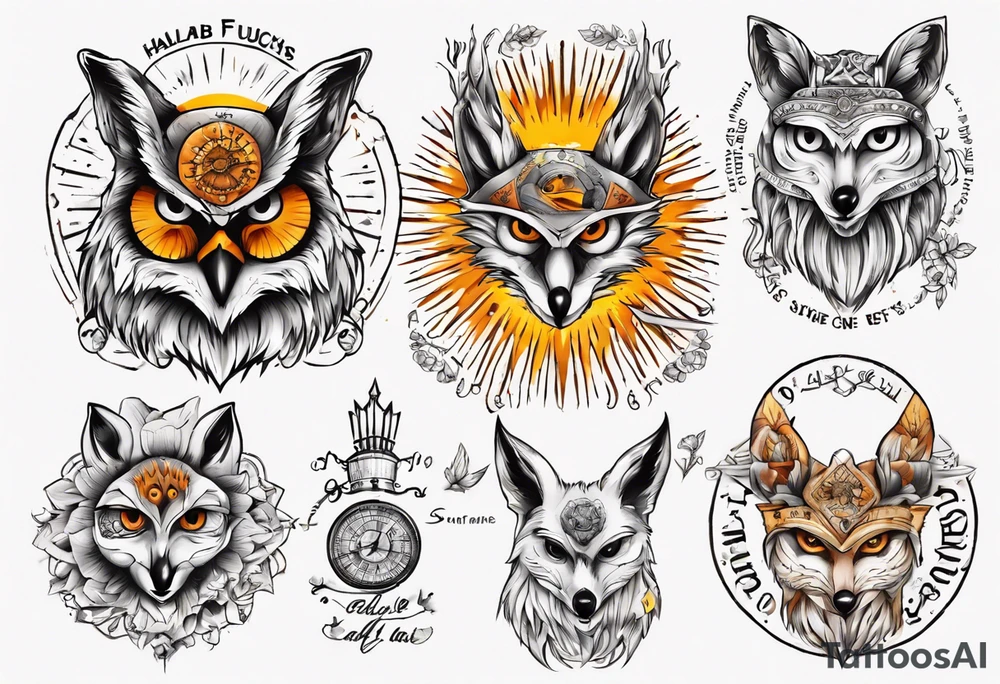 halb 
Fuchs halb Eule unter der Sonne mit dem Schriftzug Sapere Aude tattoo idea