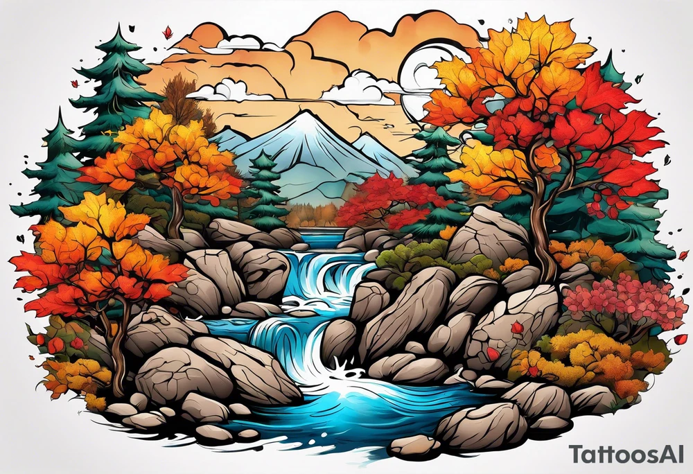 sleeve tattoo in fall colors, showing water flow around rocks, sky, clouds, leaves, roses and no trees tattoo idea