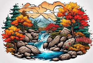 sleeve tattoo in fall colors, showing water flow around rocks, sky, clouds, leaves, roses and no trees tattoo idea