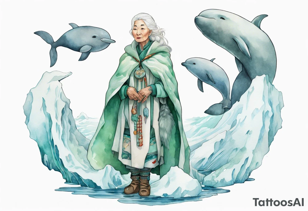 a 55-year-old Sami woman with white  hair wearing a white and mint cloak standing on an iceberg with one narwhal in the background tattoo idea
