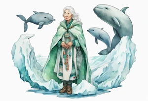 a 55-year-old Sami woman with white  hair wearing a white and mint cloak standing on an iceberg with one narwhal in the background tattoo idea