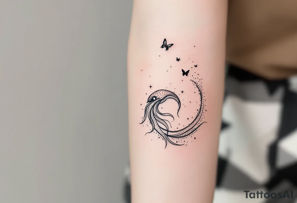 A minimalist dotwork tattoo design in the shape of a spiral galaxy. In the center, a small octopus is subtly integrated into the swirl, with flowing tentacles that extend along the spiral arms. The tentacles transform into elegant, curving lines resembling the flowing tails of koi or betta fish, partially in black ink and partially in fine red lines. Small stars are scattered throughout the galaxy shape, and two delicate butterflies hover near the edges. cosmic abstraction style, dotwork, fine line, with elements of Japanese graphic tattoo flow, minimalist octopus tattoo idea