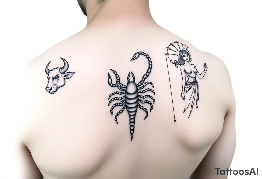 Minimalist tattoo design, featuring three distinct figures: a powerful bull, a stylized scorpion, and a graceful maiden (Virgo), fine line art style, black ink, white background, clean contours, no shading, elegant composition, sophisticated masculine aesthetic, high contrast tattoo idea