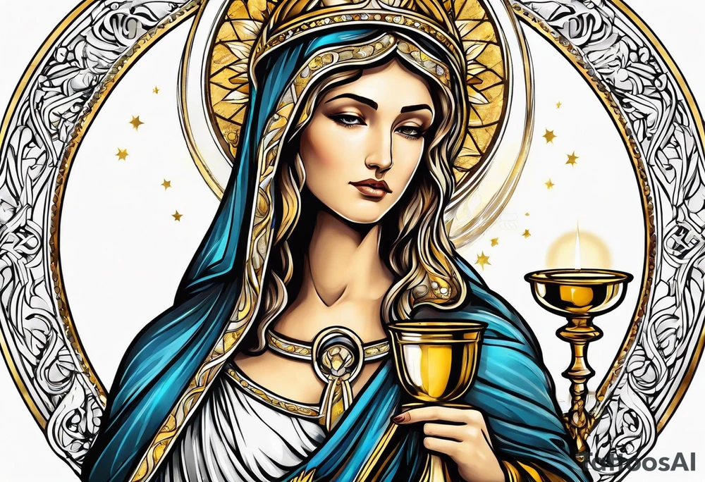 holy saint woman with golden halo holding a chalice tattoo idea