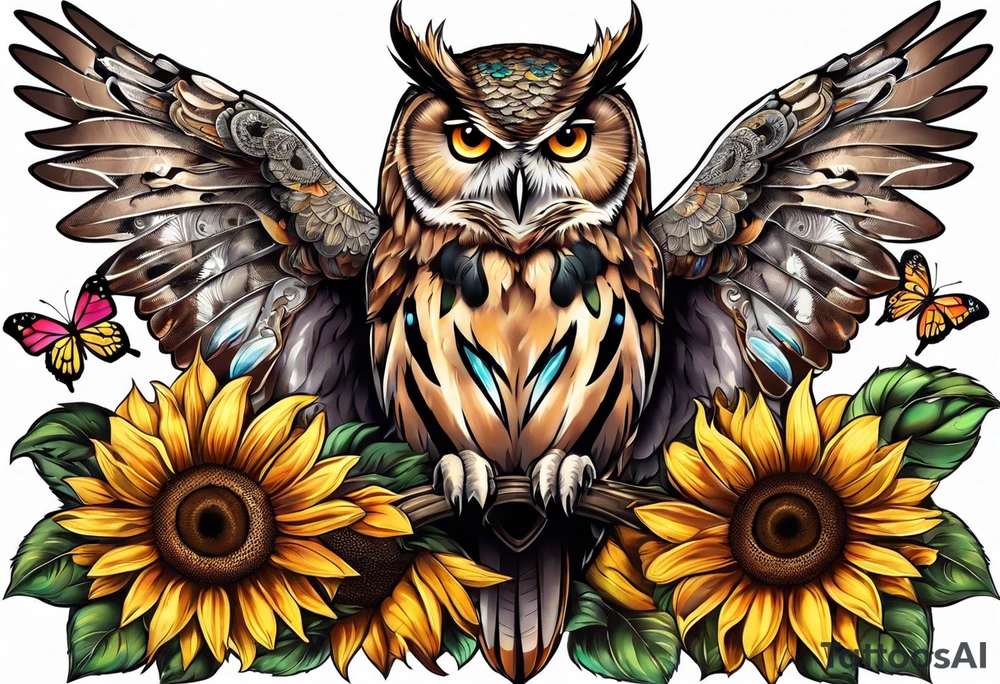 Owl with butterfly and sunflower tattoo idea