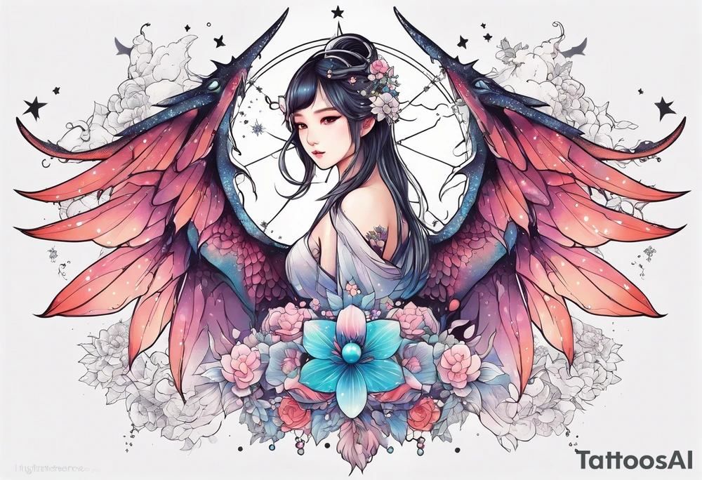 Constellation, wing , snow , cross , dragon female japan kawaii , flower tattoo idea