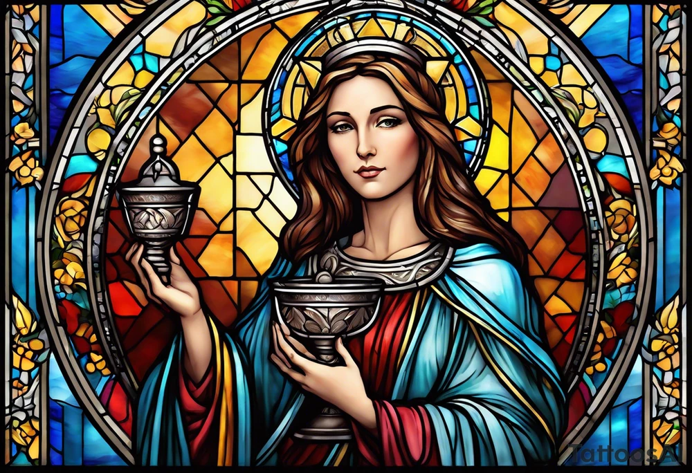holy saint woman with halo stained glass holding a chalice with artillery tattoo idea