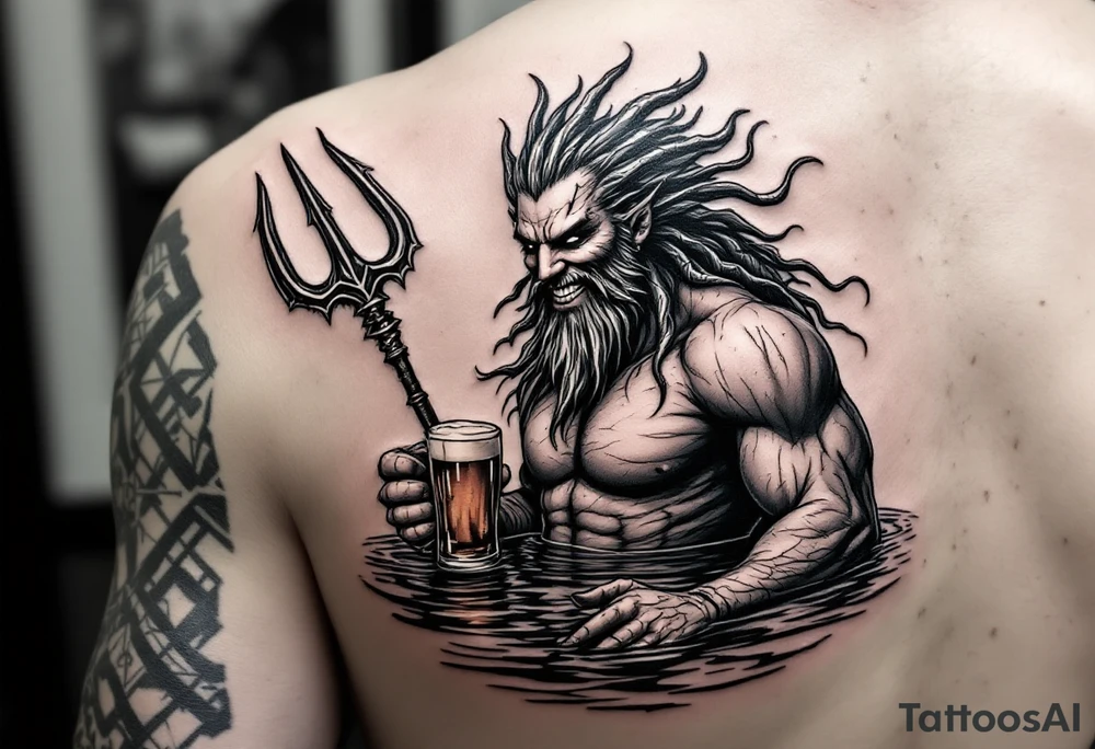 smiling poseidon, with a trident, in calm water, holding a beer tattoo idea