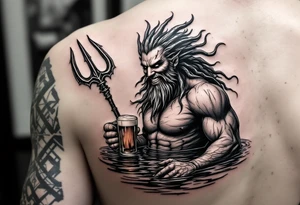 smiling poseidon, with a trident, in calm water, holding a beer tattoo idea
