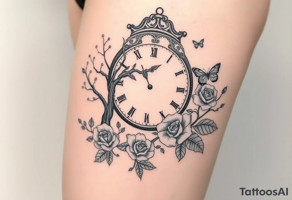 a big clock, poisoned tree, big and small roses, big and small butterflies tattoo idea