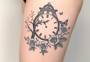 a big clock, poisoned tree, big and small roses, big and small butterflies tattoo idea
