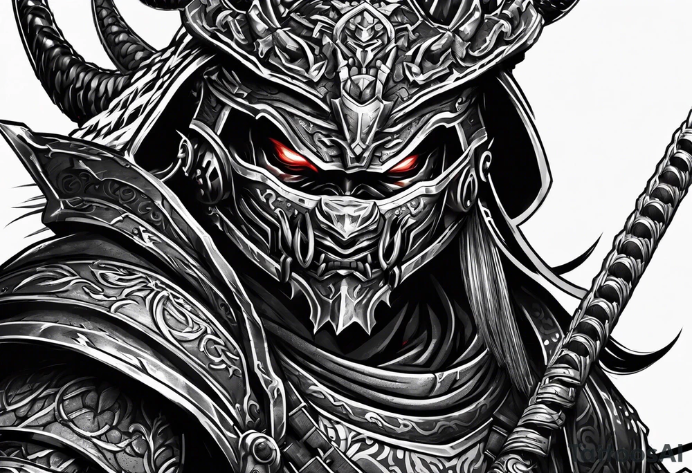 Angry robot demon ninja with demon mask with huge sword fighting in war tattoo idea