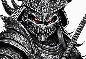Angry robot demon ninja with demon mask with huge sword fighting in war tattoo idea