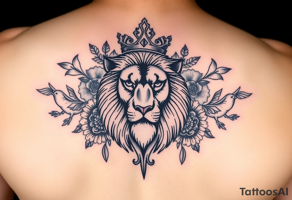powerful majestic lion with a crown, surrounded by floral ornaments and birds tattoo idea