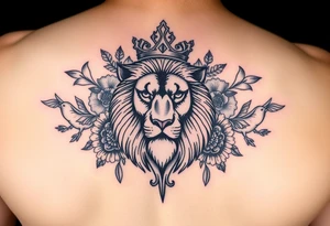 powerful majestic lion with a crown, surrounded by floral ornaments and birds tattoo idea